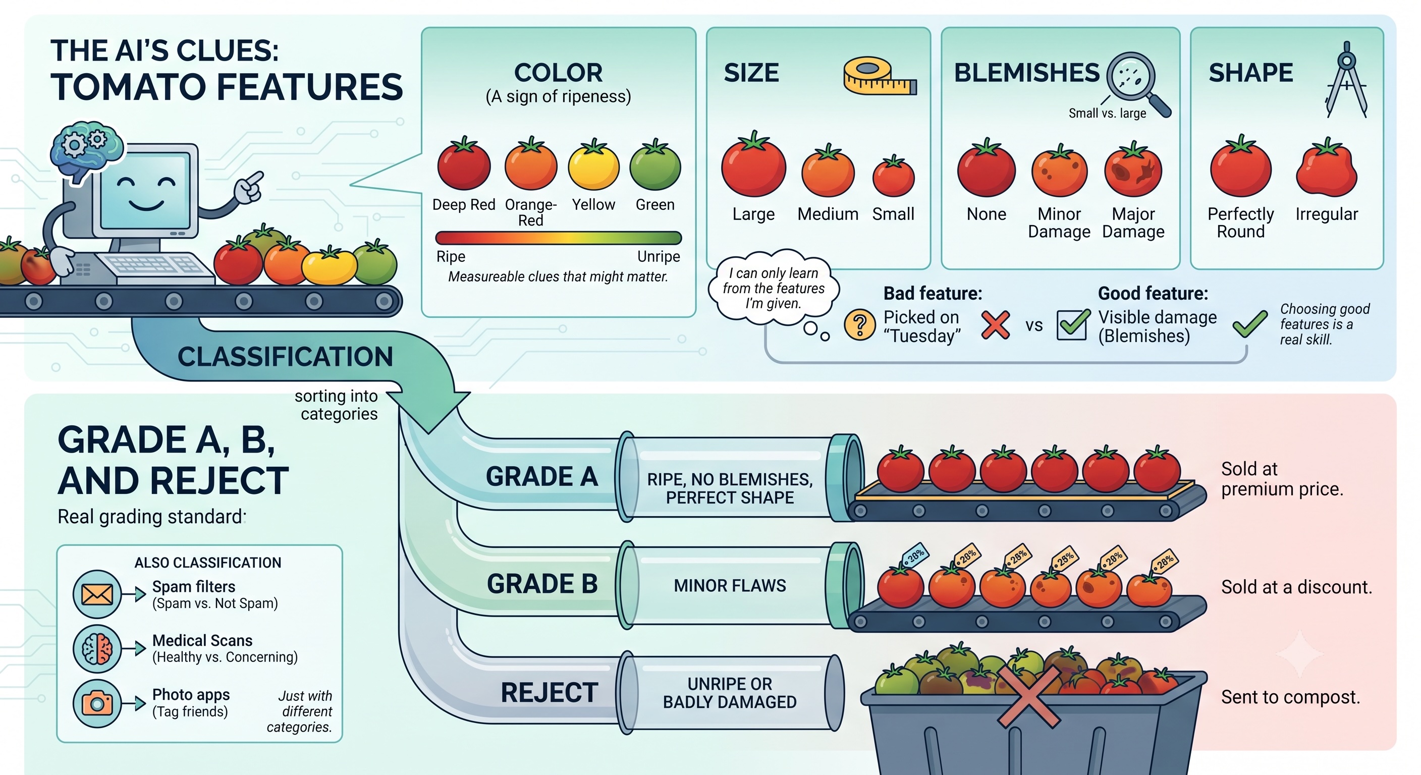 Tomato features: color, size, blemishes, and shape